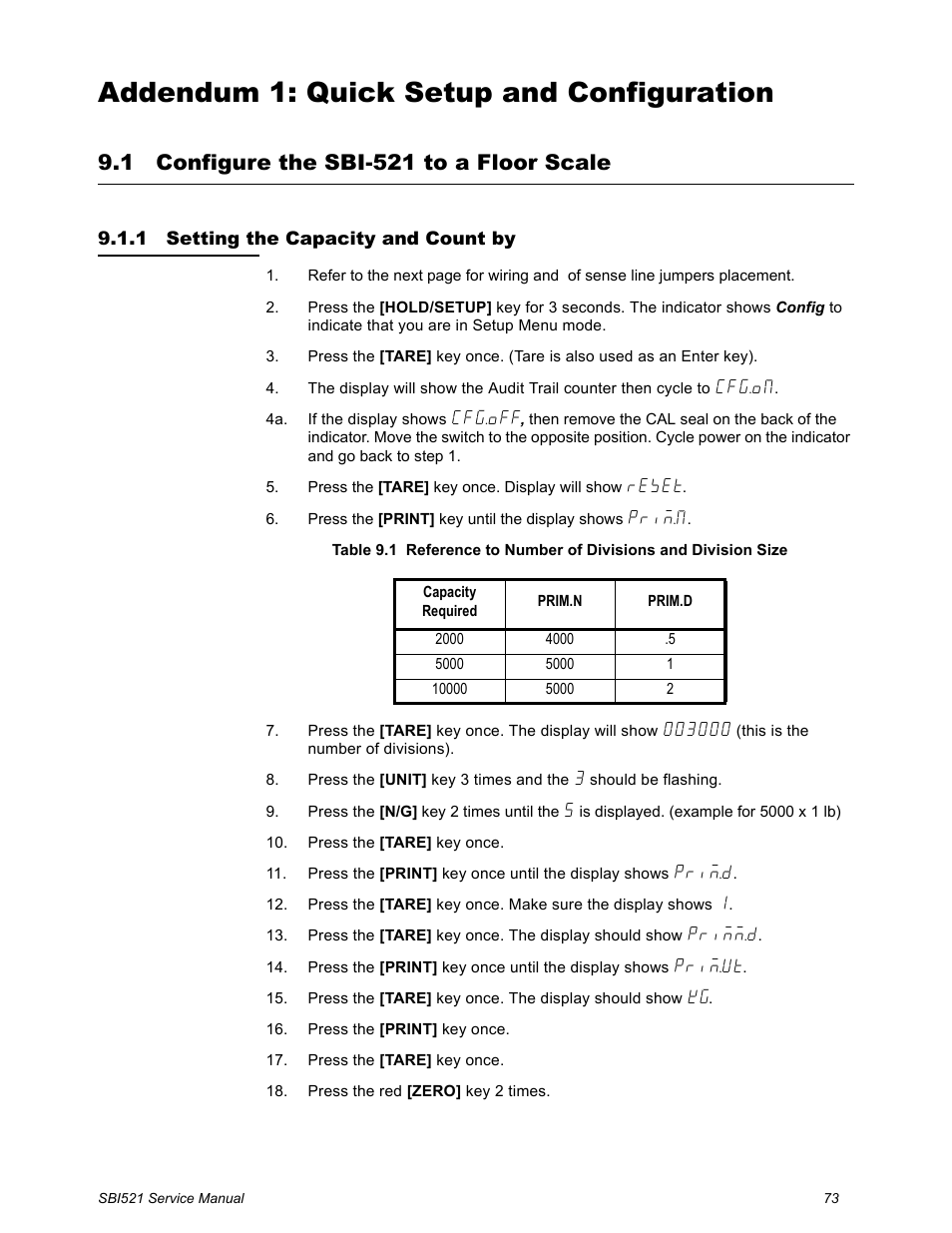 Addendum 1: quick setup and configuration, 1 configure the sbi-521 to a floor scale, 1 setting the capacity and count by | Configure the sbi-521 to a floor scale, Setting the capacity and count by | Salter Brecknell WB-521 Series User Manual | Page 75 / 82