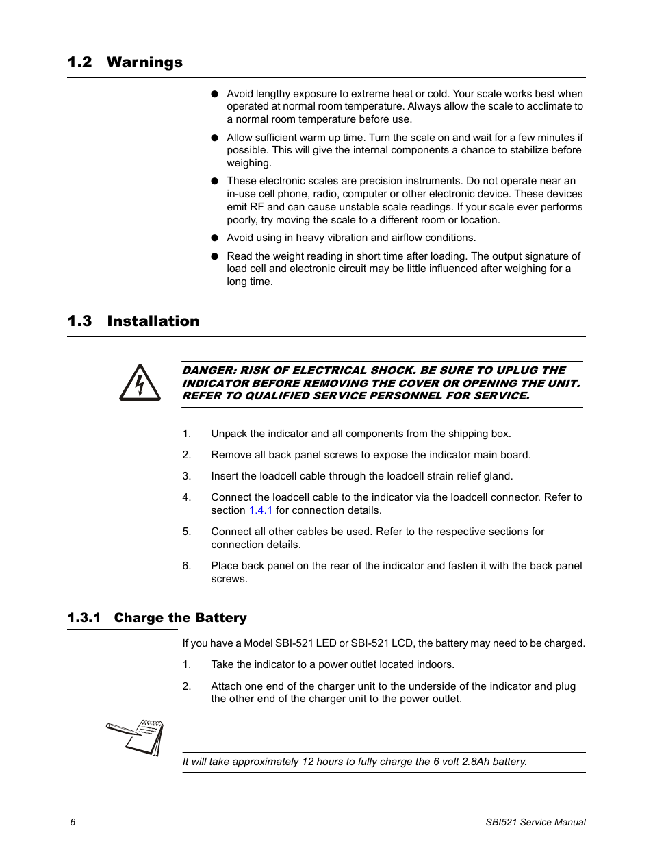 2 warnings, 3 installation, 1 charge the battery | Warnings installation, Charge the battery | Salter Brecknell WB-521 Series User Manual | Page 8 / 82