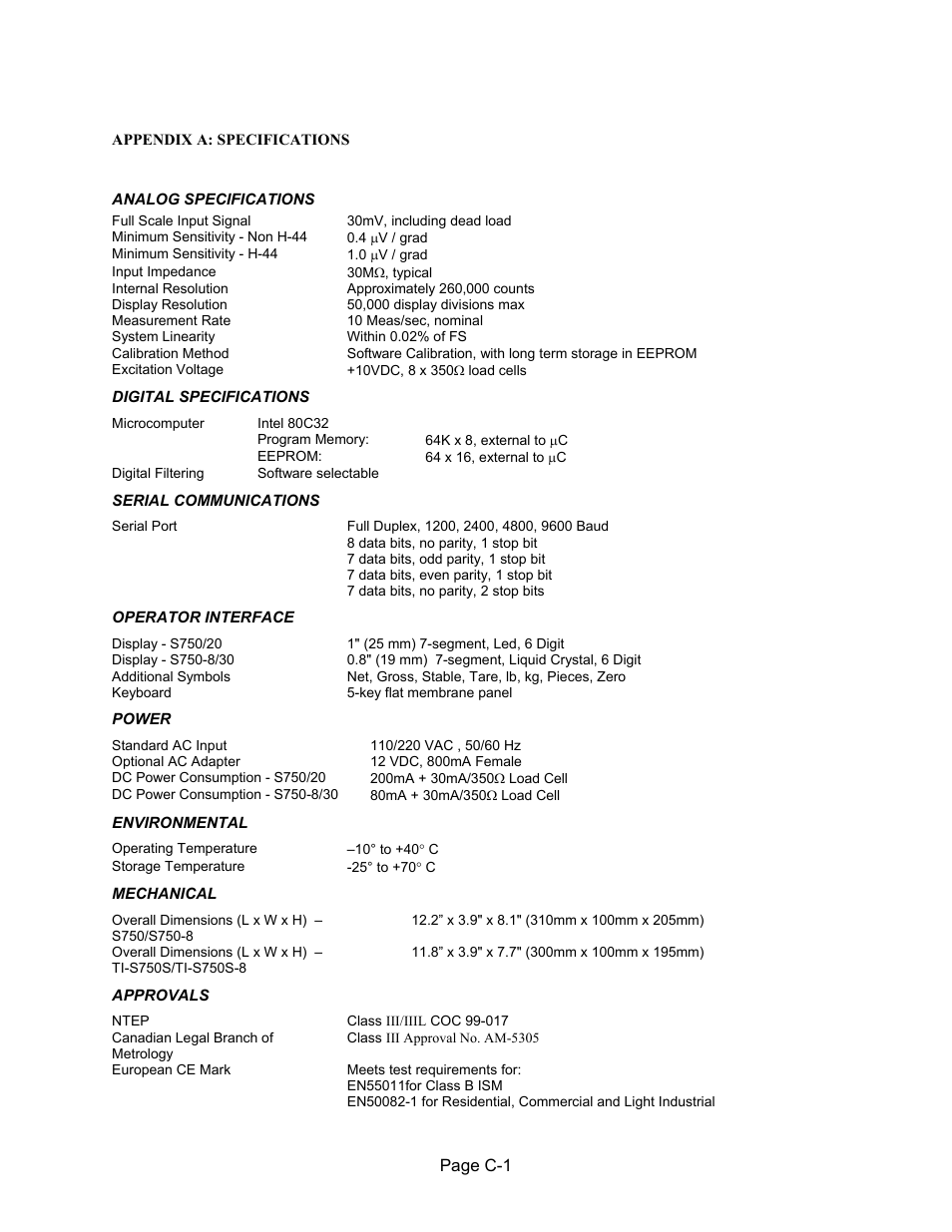 Appendix a: specifications, Analog specifications | Salter Brecknell 750 Series User Manual | Page 35 / 41