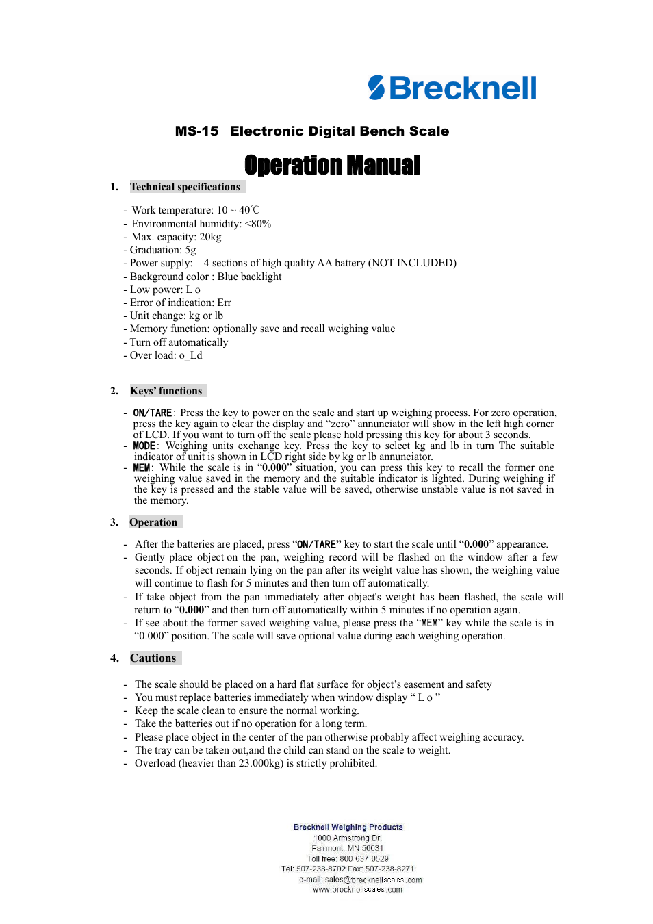 Salter Brecknell MS-15 User Manual | 1 page