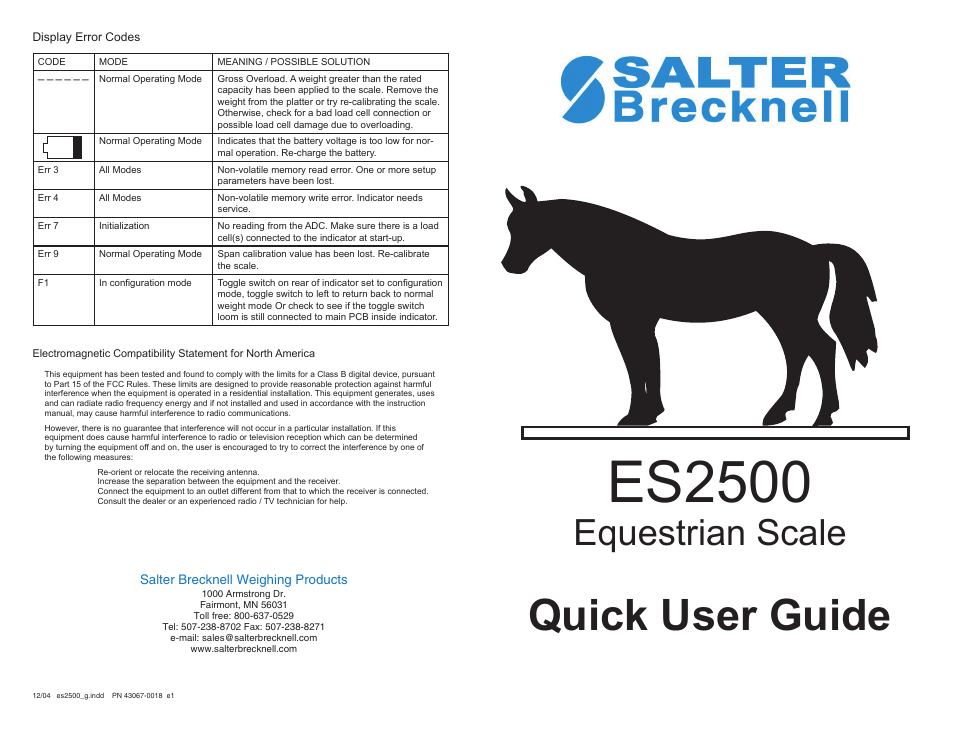 Salter Brecknell ES2500 User Manual | 2 pages