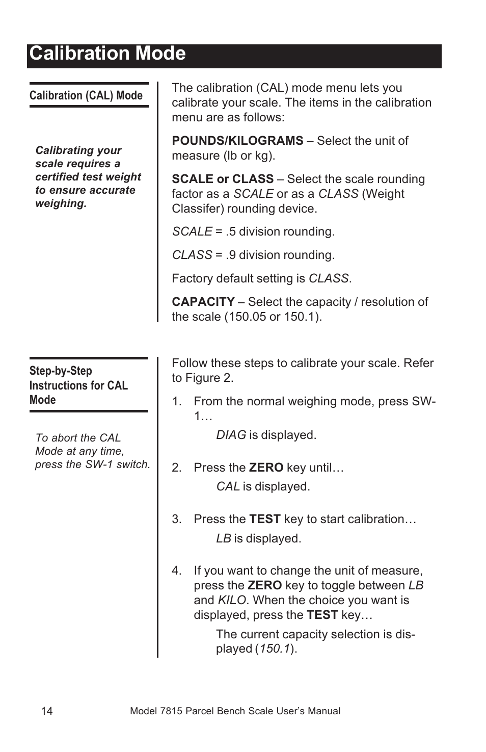Calibration mode | Salter Brecknell 7815 / 7815R User Manual | Page 14 / 24