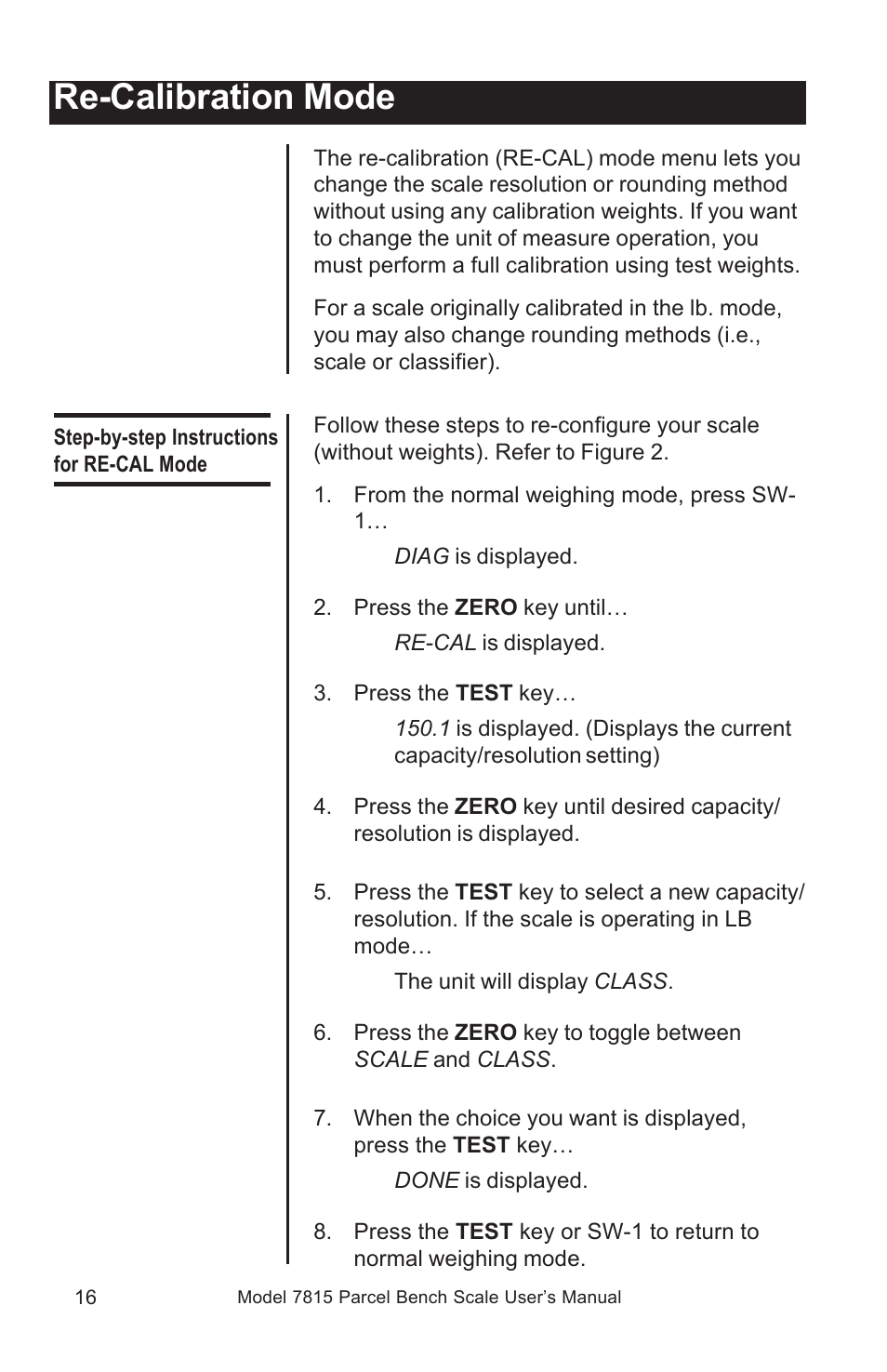 Re-calibration mode | Salter Brecknell 7815 / 7815R User Manual | Page 16 / 24
