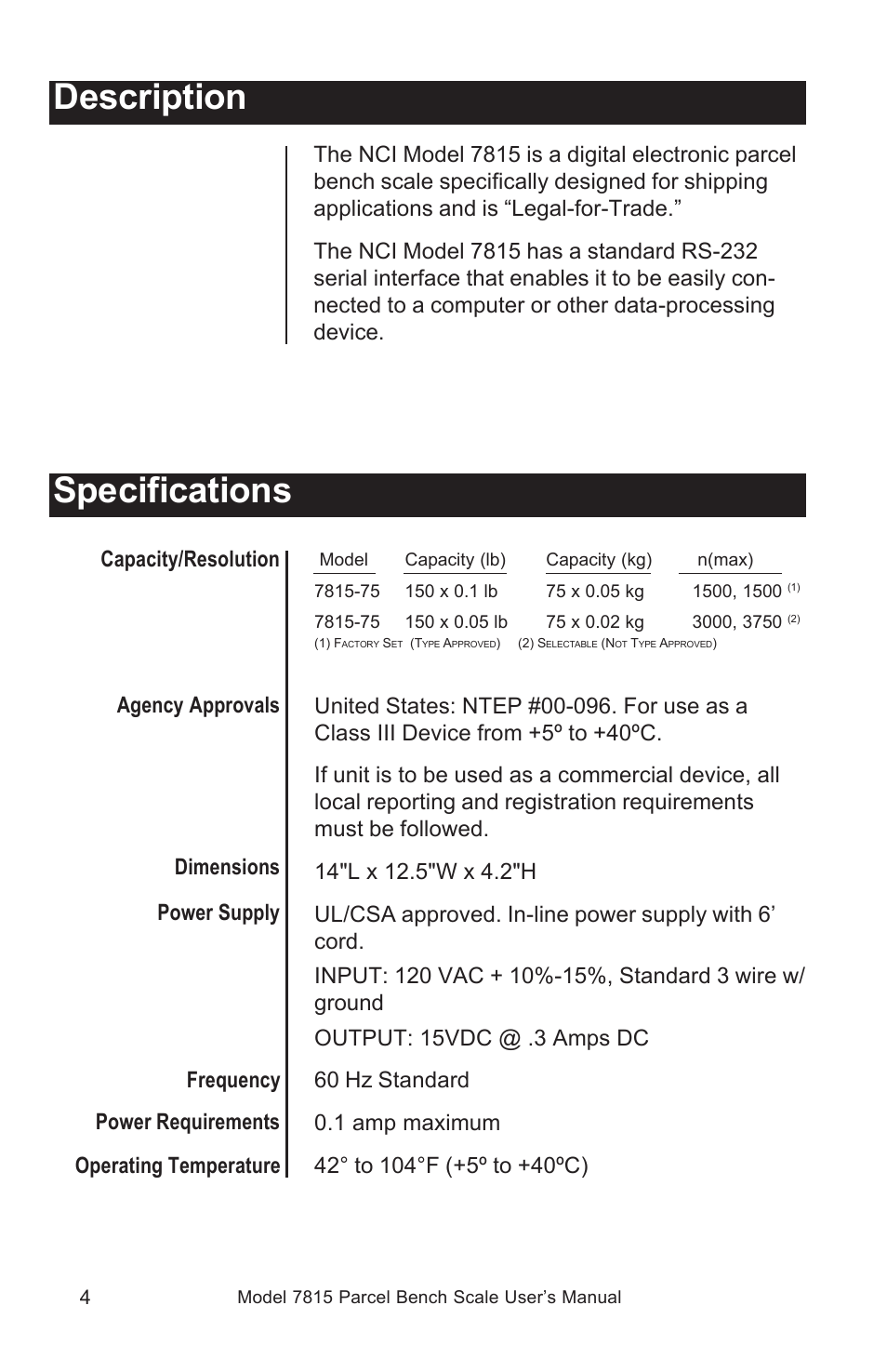 Description, Specifications, Capacity/resolution power supply | Salter Brecknell 7815 / 7815R User Manual | Page 4 / 24