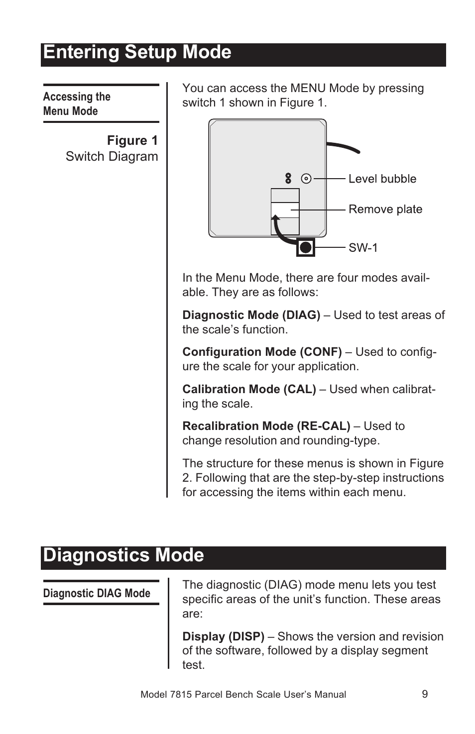 Entering setup mode, Diagnostics mode | Salter Brecknell 7815 / 7815R User Manual | Page 9 / 24