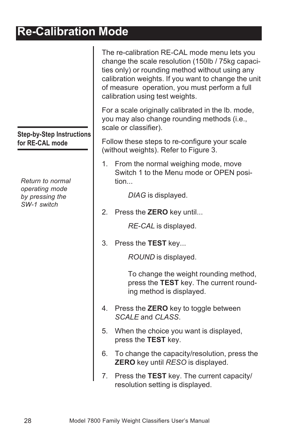 Re-calibration mode | Salter Brecknell 7840 User Manual | Page 28 / 40
