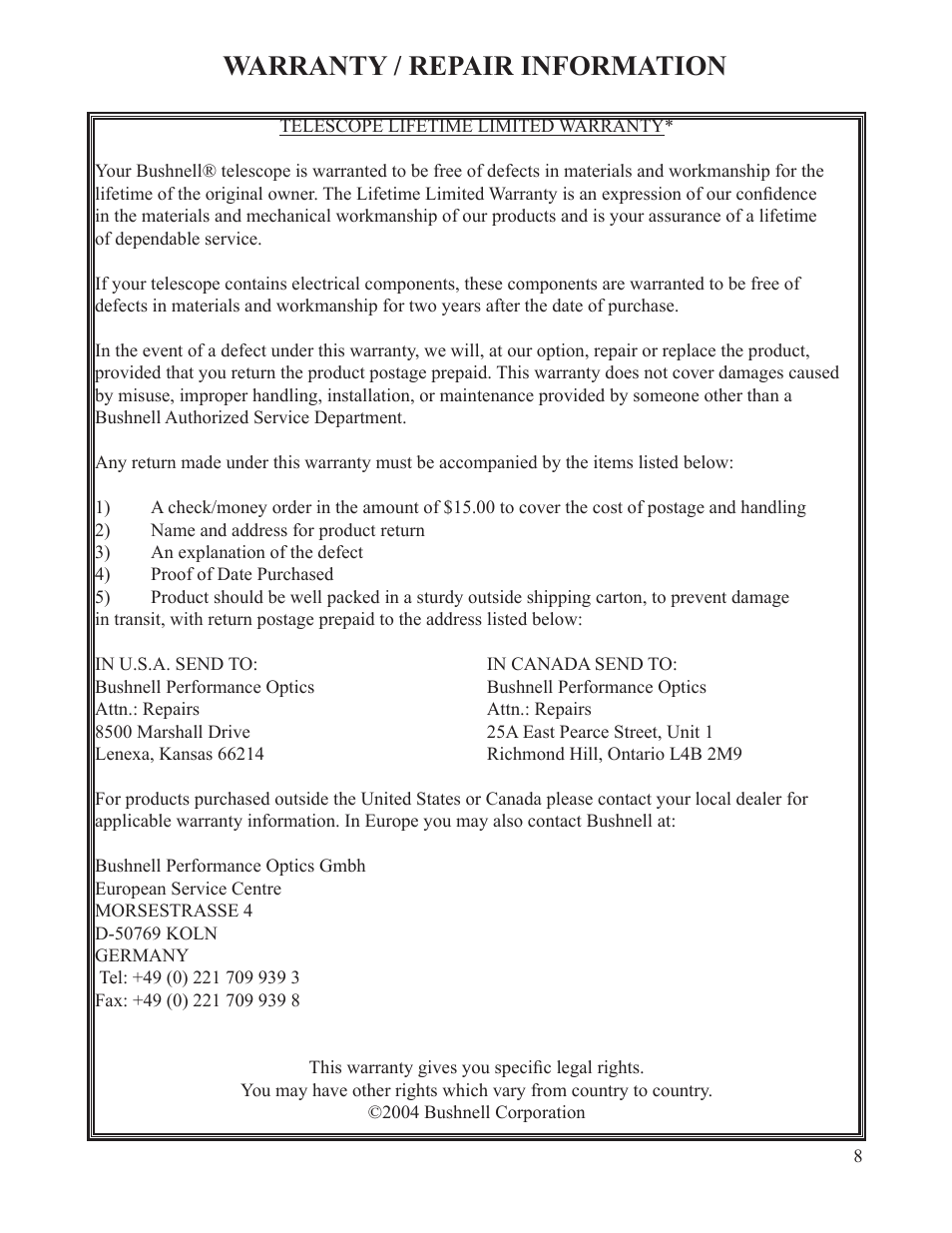 Warranty / repair information | Bushnell 3" REFLECTOR User Manual | Page 8 / 8