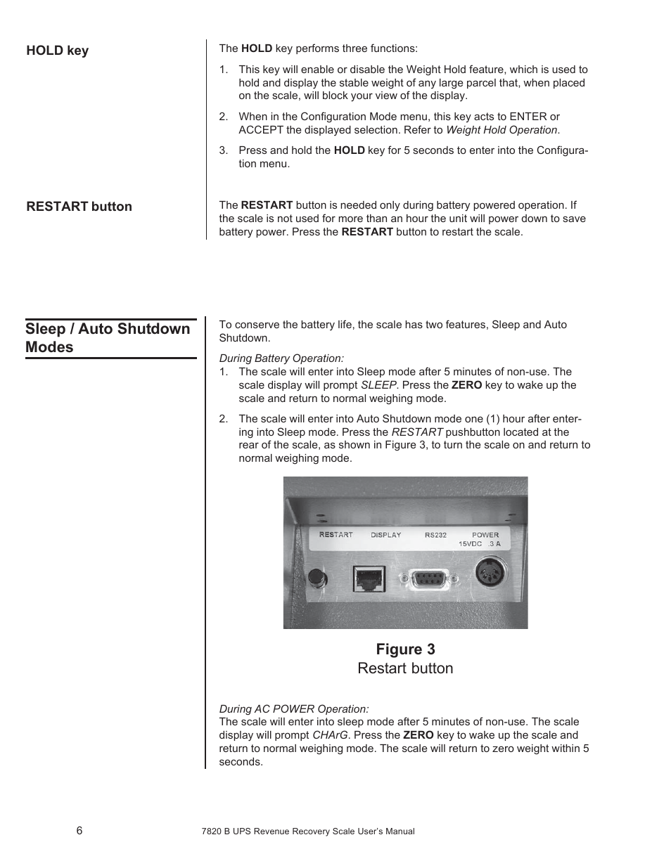 Sleep / auto shutdown modes, Figure 3 restart button | Salter Brecknell 7820B User Manual | Page 6 / 12