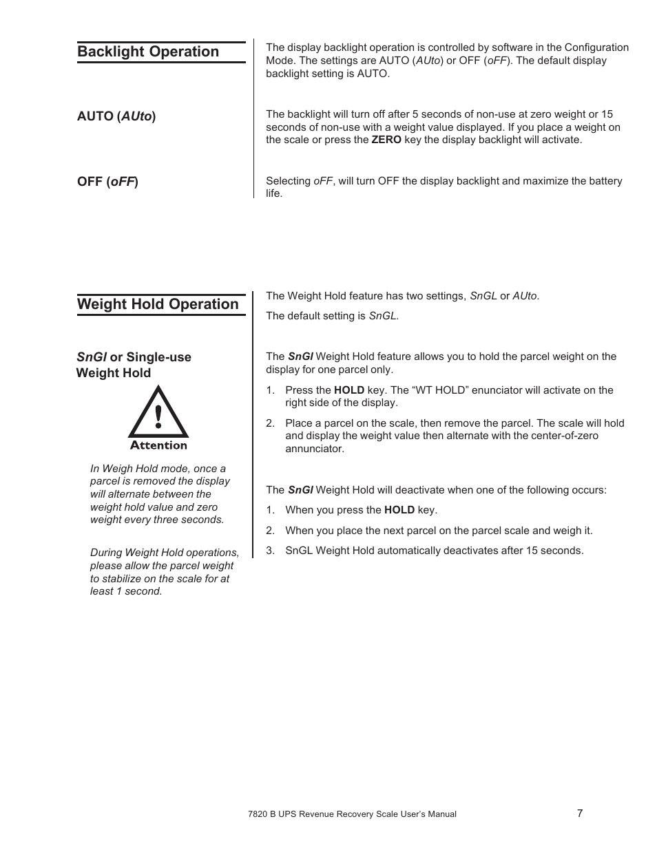 Backlight operation, Weight hold operation | Salter Brecknell 7820B User Manual | Page 7 / 12