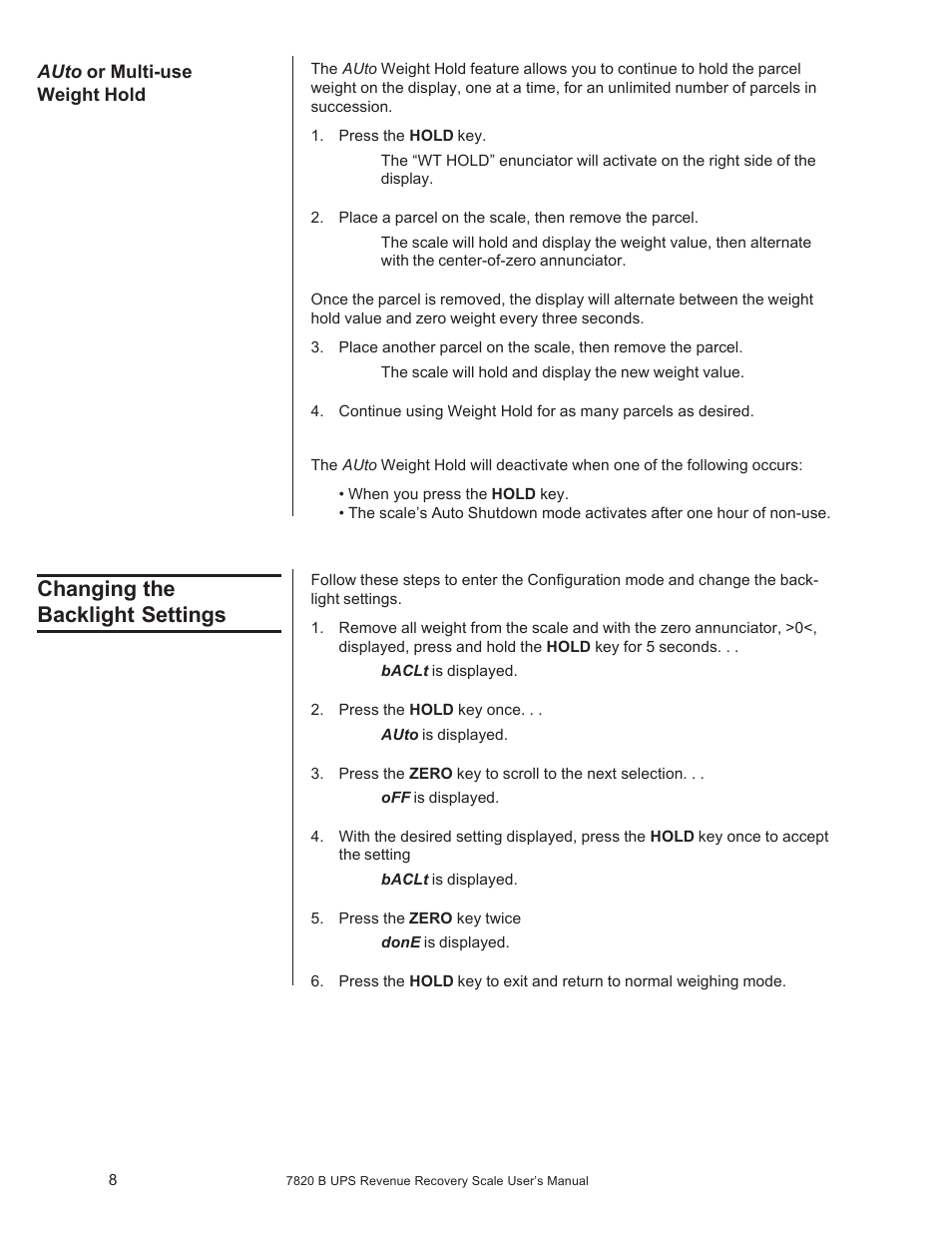 Changing the backlight settings | Salter Brecknell 7820B User Manual | Page 8 / 12