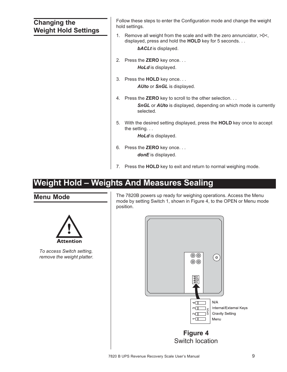 Weight hold – weights and measures sealing, Changing the weight hold settings, Menu mode | Figure 4 switch location | Salter Brecknell 7820B User Manual | Page 9 / 12