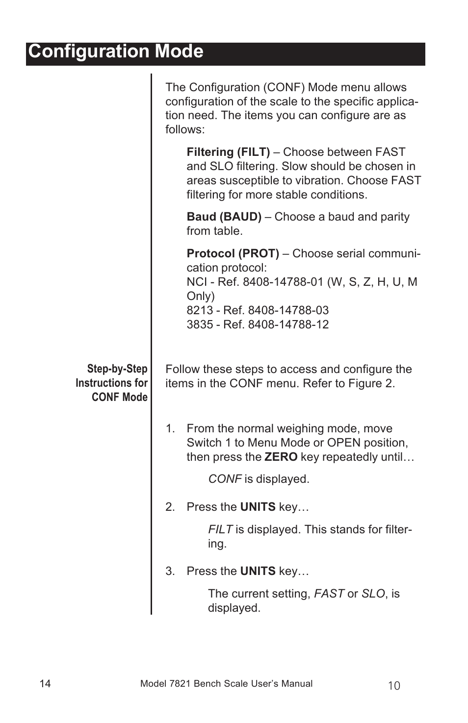 Configuration mode | Salter Brecknell 7821 User Manual | Page 14 / 28