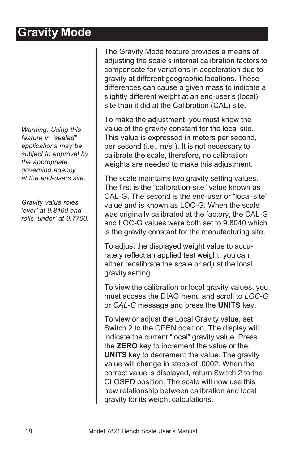 Gravity mode | Salter Brecknell 7821 User Manual | Page 18 / 28