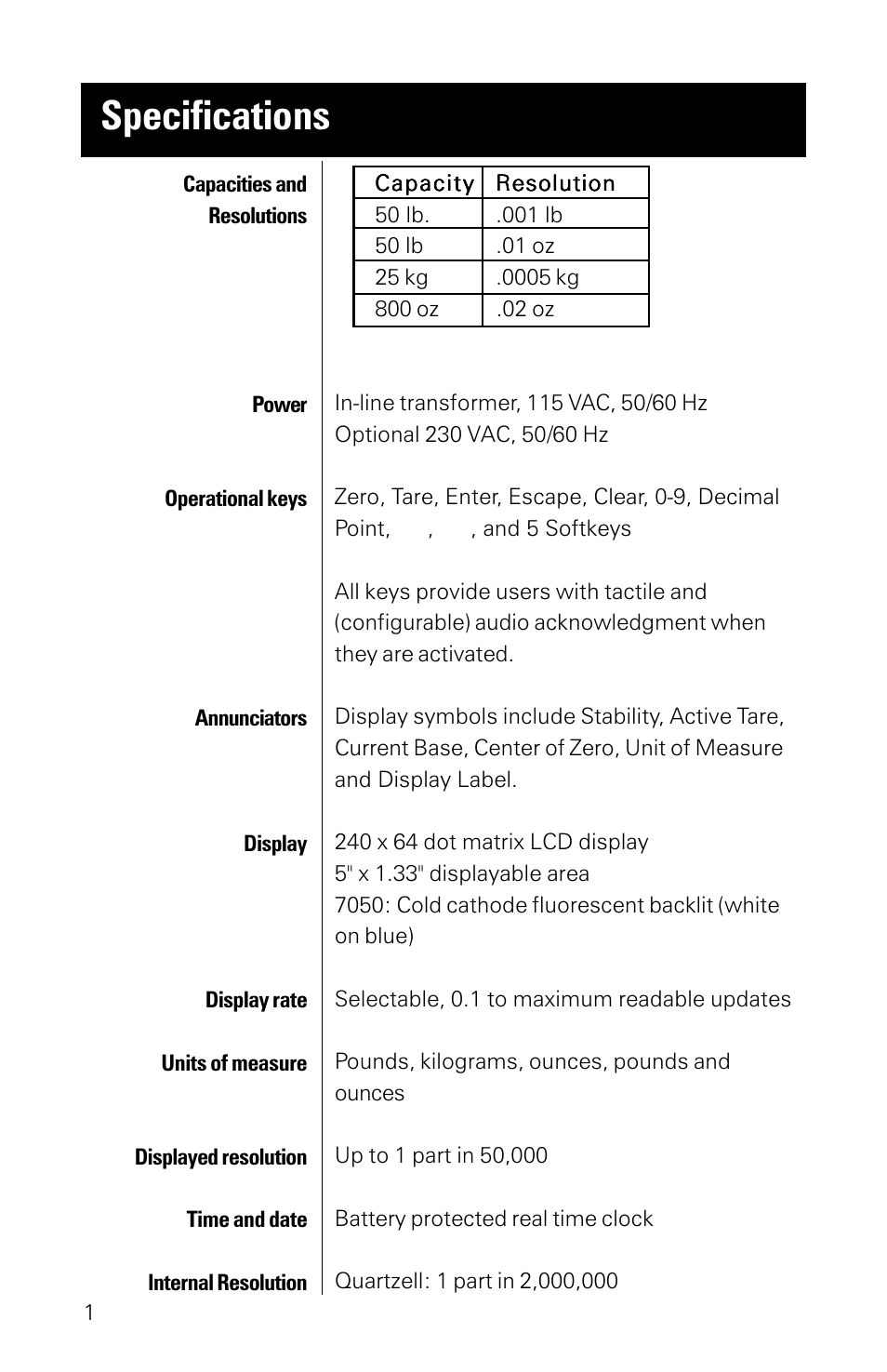 Specifications | Salter Brecknell 7050 User Manual | Page 4 / 18