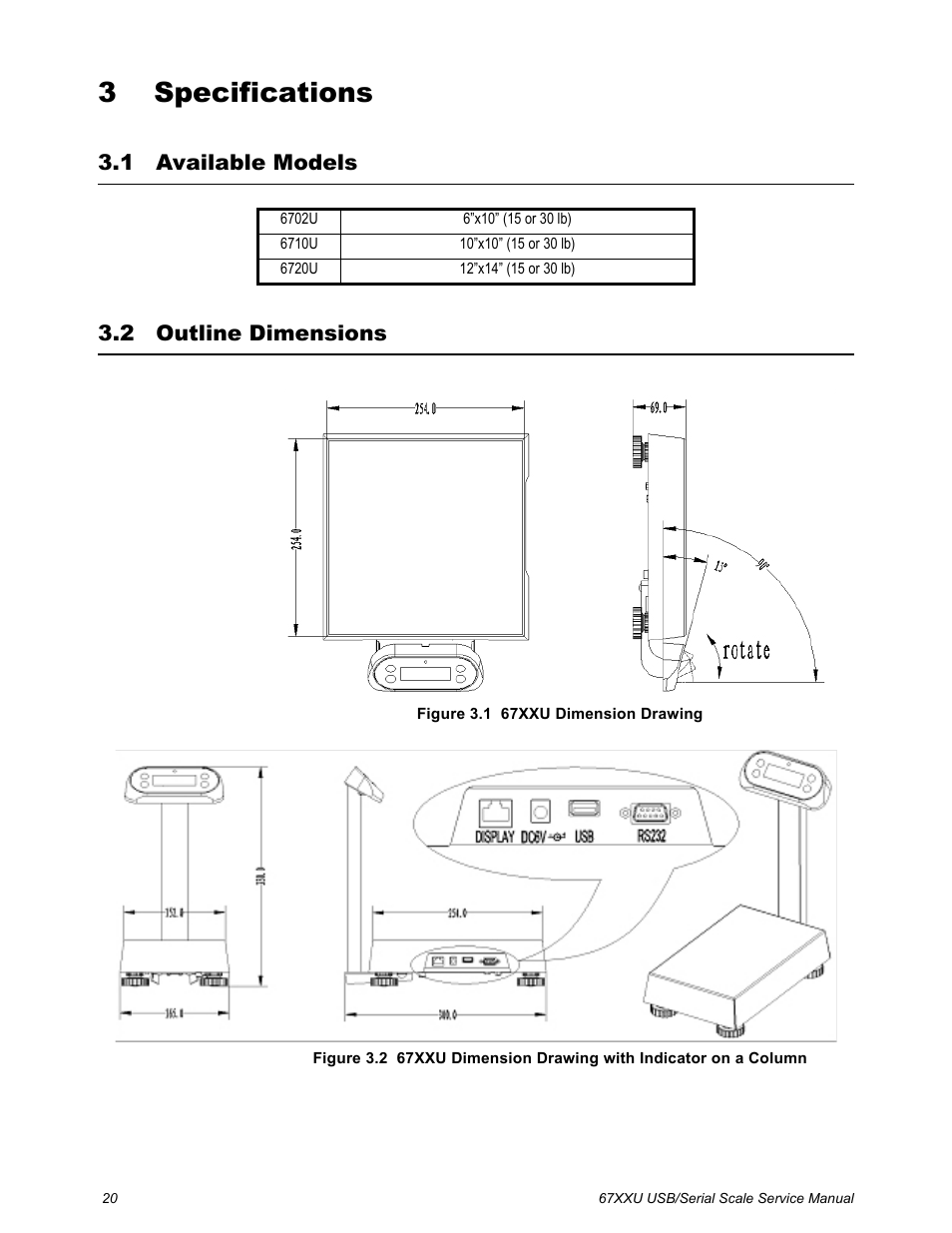 3 specifications, 1 available models, 2 outline dimensions | Chapter 3 specifications, Available models outline dimensions, 1 available models 3.2 outline dimensions | Salter Brecknell 6700U Series (USB) User Manual | Page 20 / 85