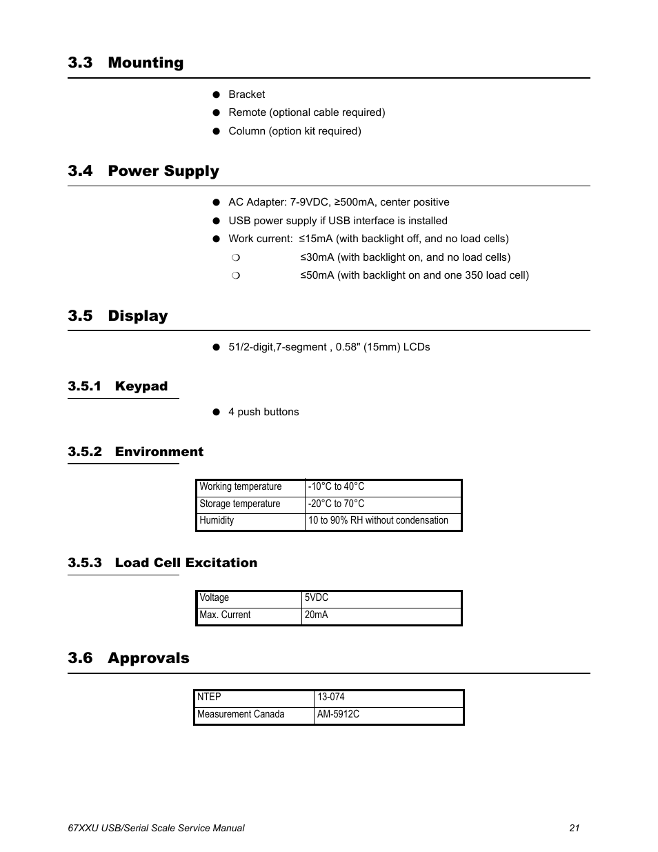 3 mounting, 4 power supply, 5 display | 1 keypad, 2 environment, 3 load cell excitation, 6 approvals, Mounting power supply display, Keypad environment load cell excitation, Approvals | Salter Brecknell 6700U Series (USB) User Manual | Page 21 / 85