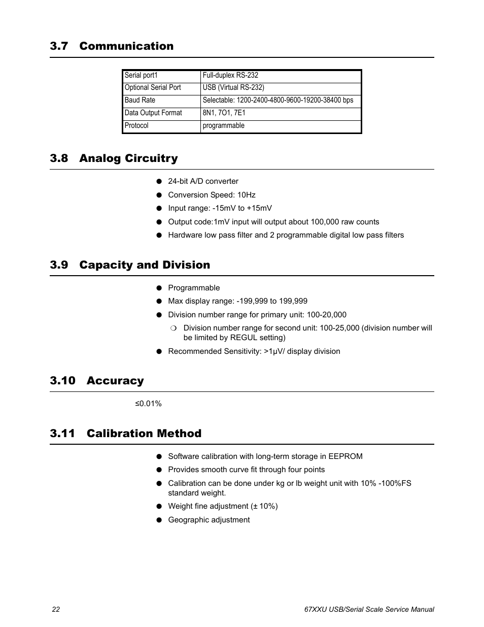 7 communication, 8 analog circuitry, 9 capacity and division | 10 accuracy, 11 calibration method, 7 communication 3.8 analog circuitry | Salter Brecknell 6700U Series (USB) User Manual | Page 22 / 85