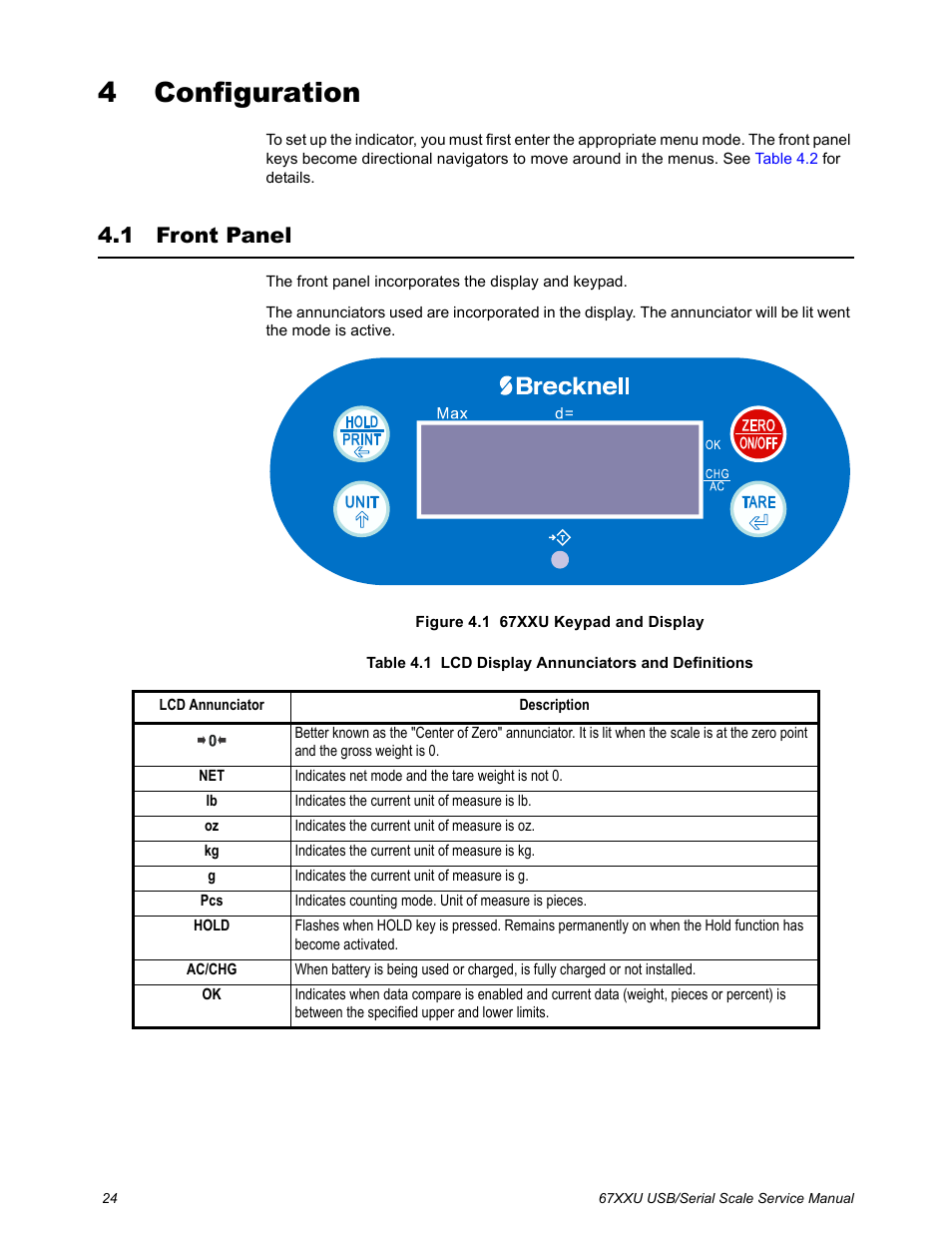 4 configuration, 1 front panel, Chapter 4 configuration | Front panel | Salter Brecknell 6700U Series (USB) User Manual | Page 24 / 85