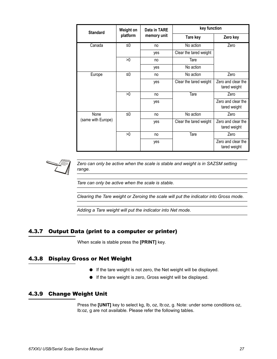 7 output data (print to a computer or printer), 8 display gross or net weight, 9 change weight unit | Salter Brecknell 6700U Series (USB) User Manual | Page 27 / 85