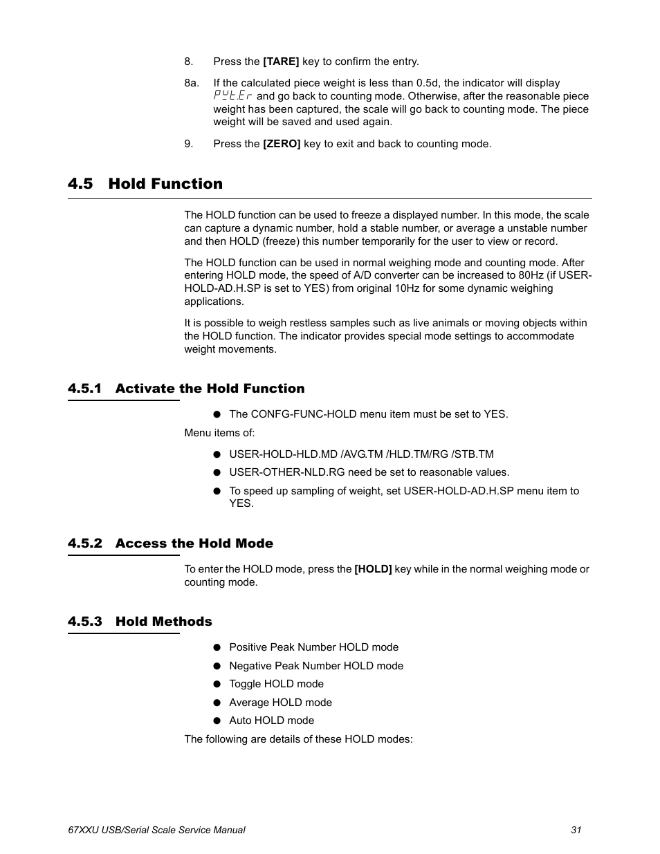 5 hold function, 1 activate the hold function, 2 access the hold mode | 3 hold methods, Hold function | Salter Brecknell 6700U Series (USB) User Manual | Page 31 / 85
