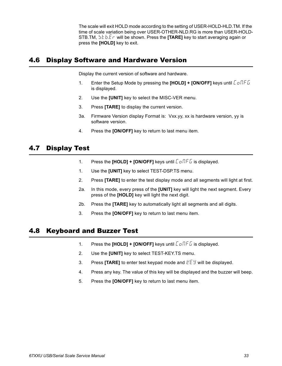 6 display software and hardware version, 7 display test, 8 keyboard and buzzer test | Salter Brecknell 6700U Series (USB) User Manual | Page 33 / 85