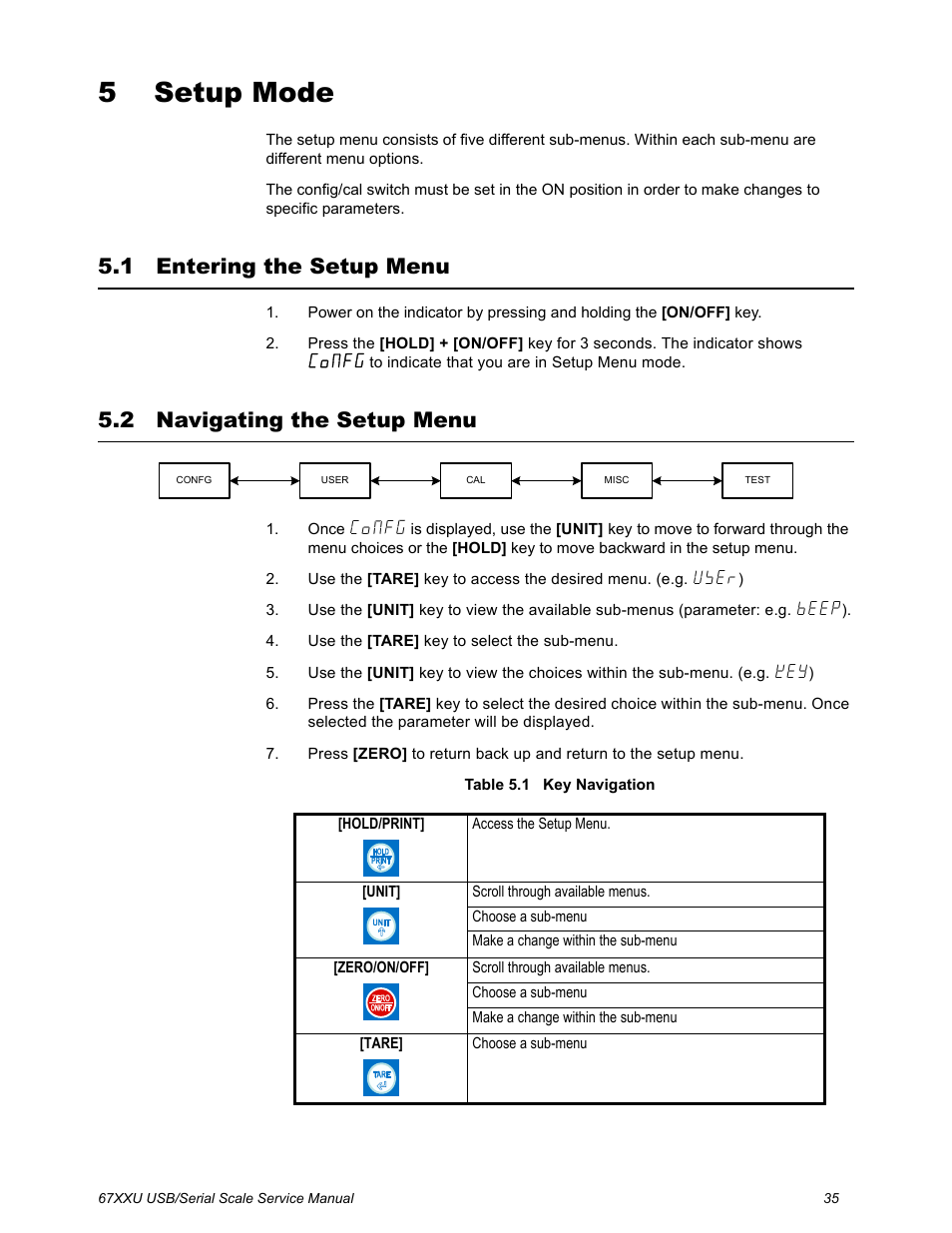 5 setup mode, 1 entering the setup menu, 2 navigating the setup menu | Chapter 5 setup mode, Entering the setup menu navigating the setup menu, Chapter | Salter Brecknell 6700U Series (USB) User Manual | Page 35 / 85