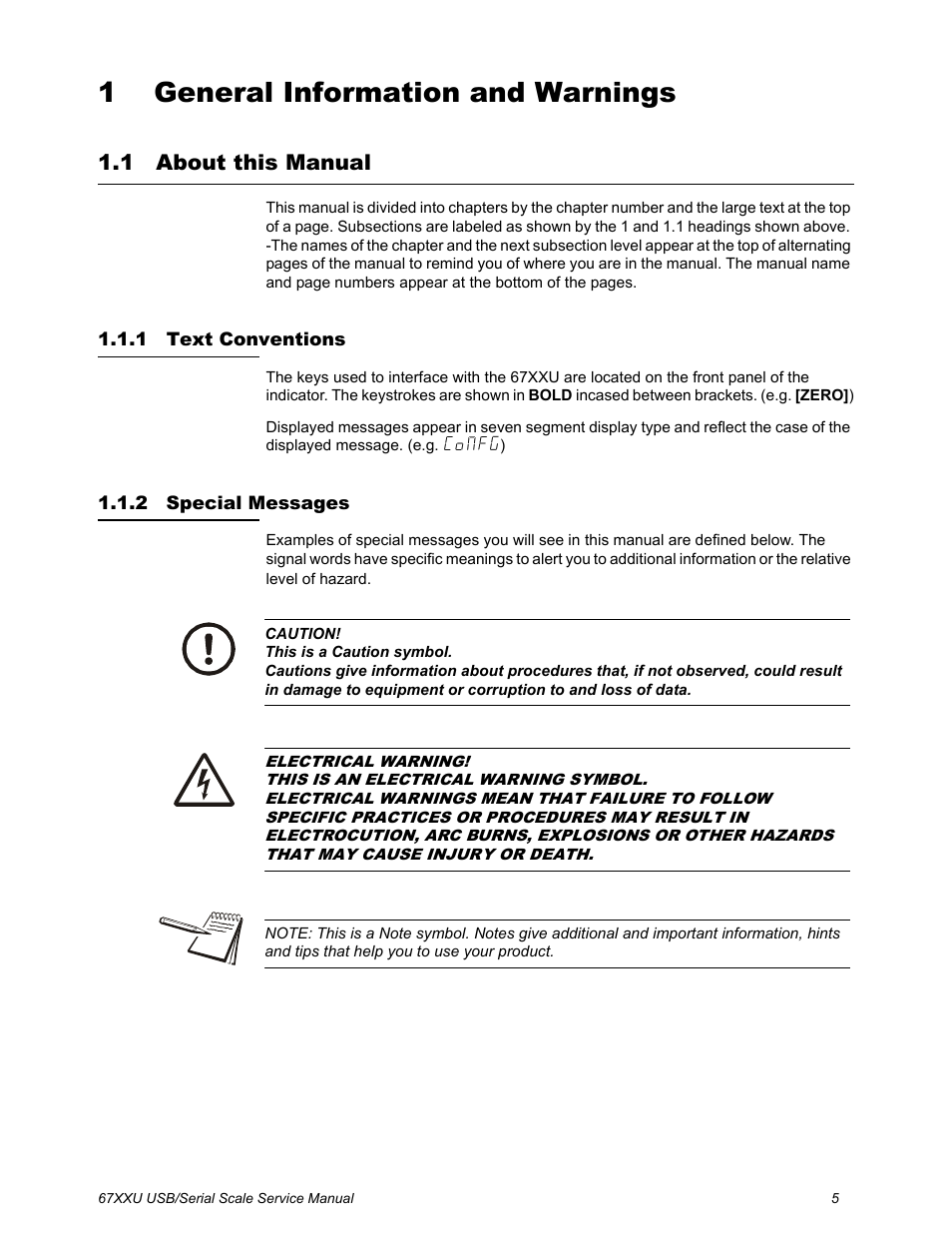 1 general information and warnings, 1 about this manual, 1 text conventions | 2 special messages, Chapter 1 general information and warnings, About this manual, Text conventions special messages | Salter Brecknell 6700U Series (USB) User Manual | Page 5 / 85