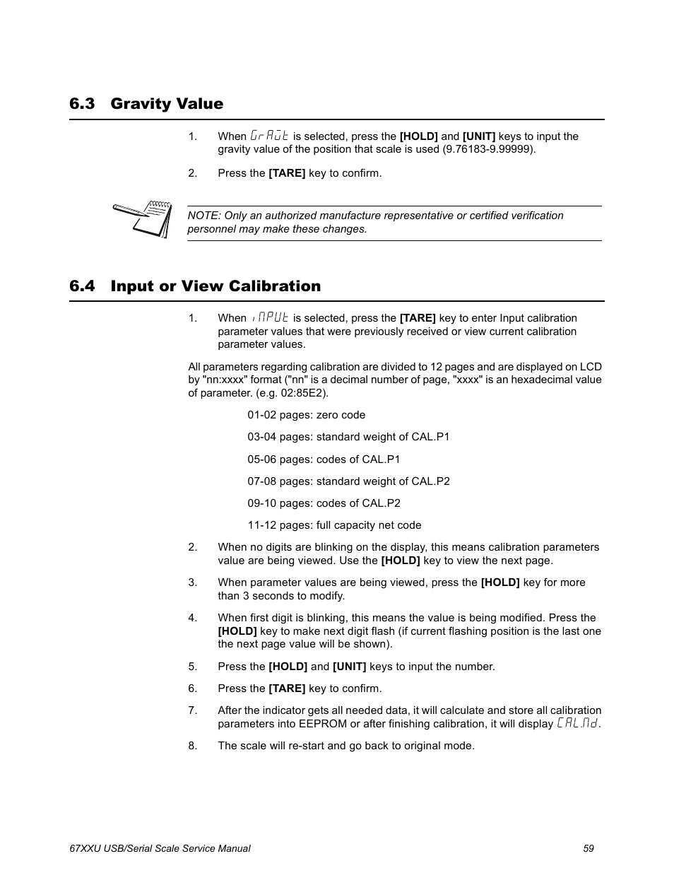 3 gravity value, 4 input or view calibration, Gravity value input or view calibration | Salter Brecknell 6700U Series (USB) User Manual | Page 59 / 85