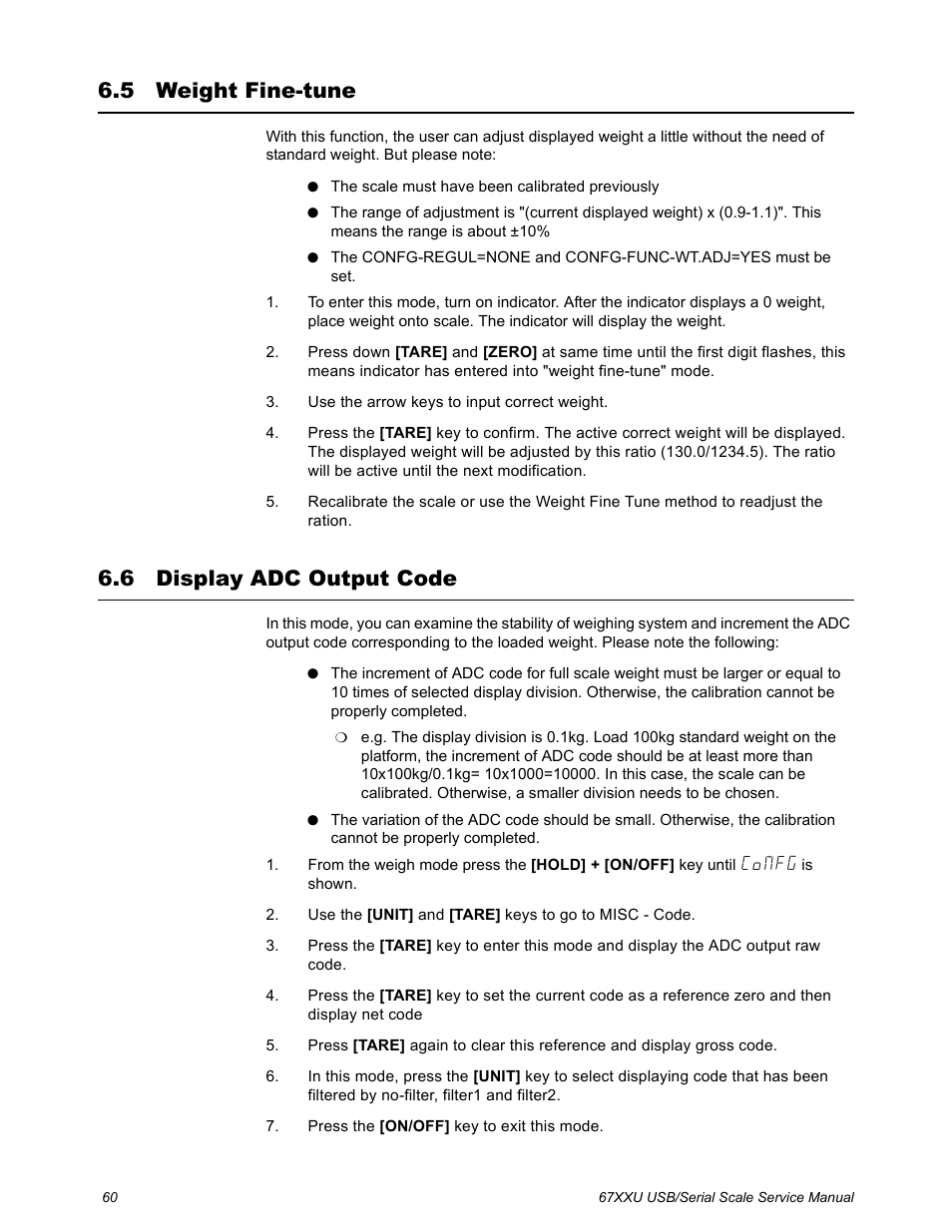 5 weight fine-tune, 6 display adc output code, Weight fine-tune display adc output code | Salter Brecknell 6700U Series (USB) User Manual | Page 60 / 85