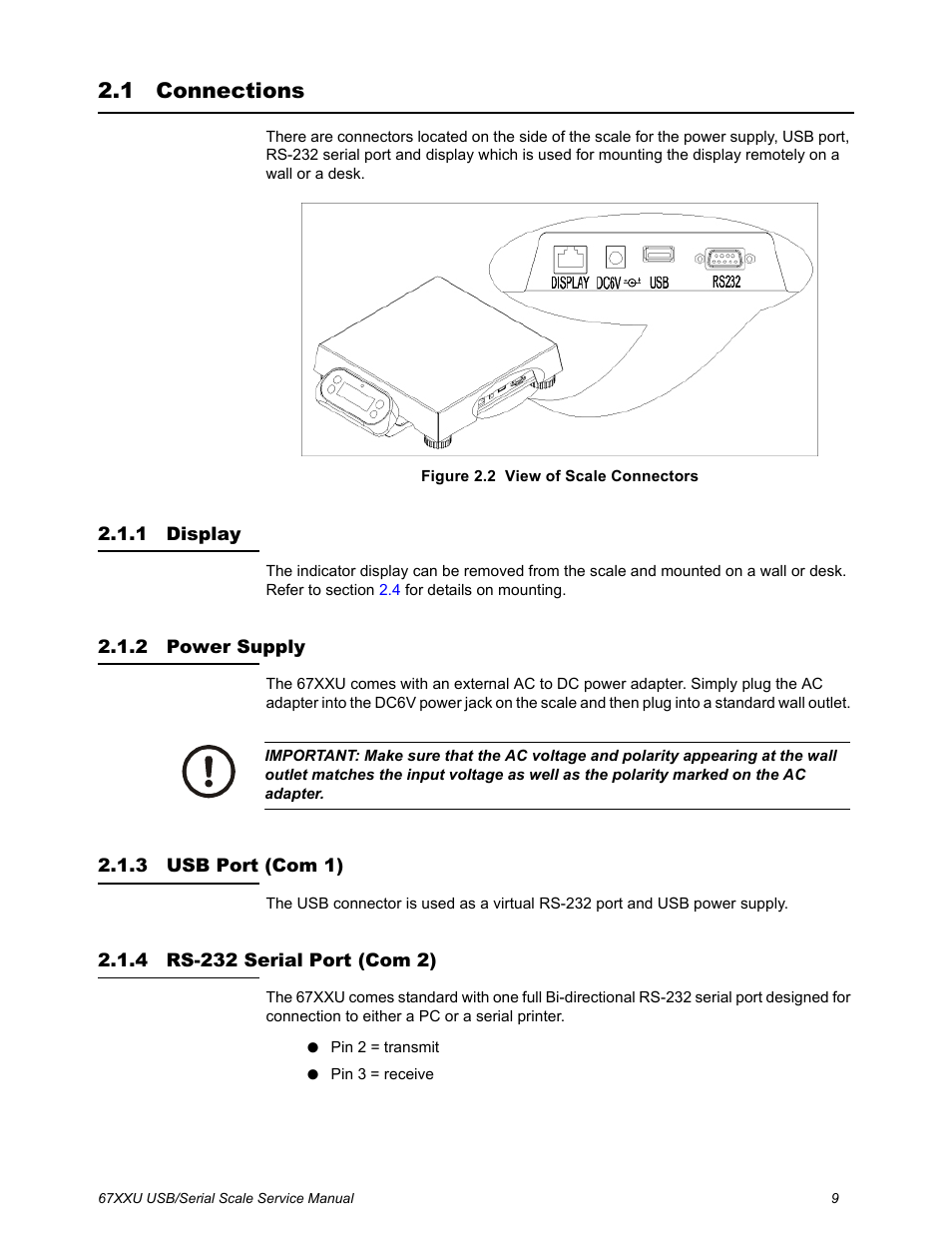 1 connections, 1 display, 2 power supply | 3 usb port (com 1), 4 rs-232 serial port (com 2), Connections | Salter Brecknell 6700U Series (USB) User Manual | Page 9 / 85