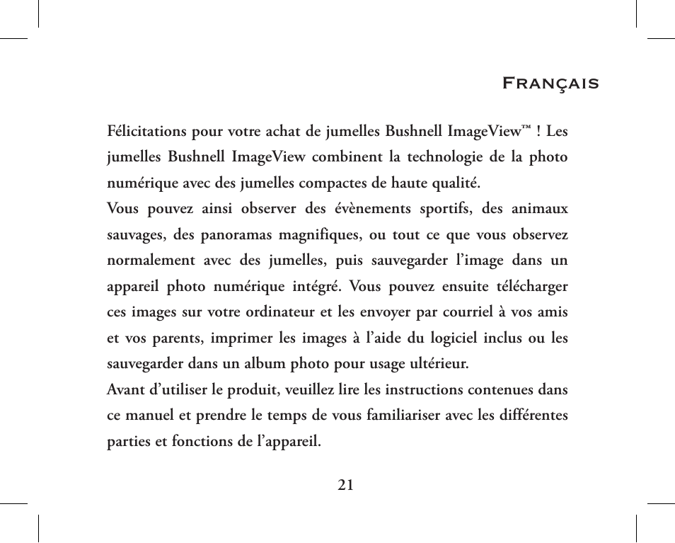 Français | Bushnell 11-1027 User Manual | Page 21 / 102