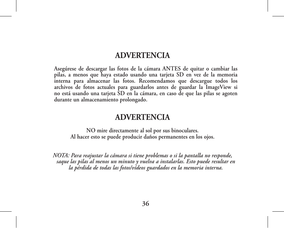 Advertencia | Bushnell 11-1027 User Manual | Page 36 / 102