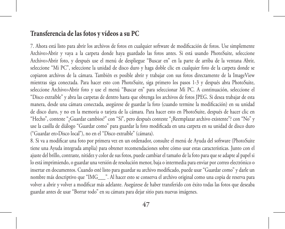 Transferencia de las fotos y vídeos a su pc | Bushnell 11-1027 User Manual | Page 47 / 102