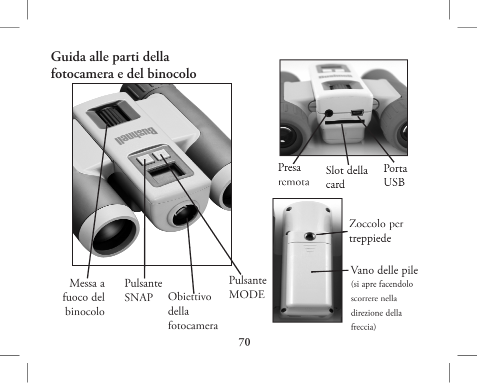 Guida alle parti della fotocamera e del binocolo | Bushnell 11-1027 User Manual | Page 70 / 102