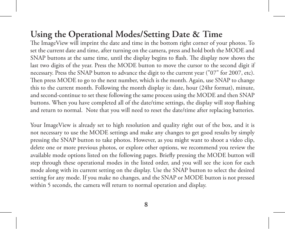 Using the operational modes/setting date & time | Bushnell 11-1027 User Manual | Page 8 / 102