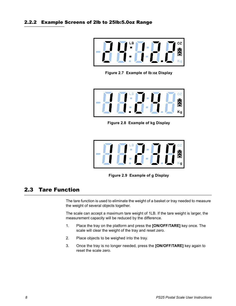 2 example screens of 2lb to 25lb:5.0oz range, 3 tare function, Example screens of 2lb to 25lb:5.0oz range | Tare function | Salter Brecknell PS25 User Manual | Page 10 / 14