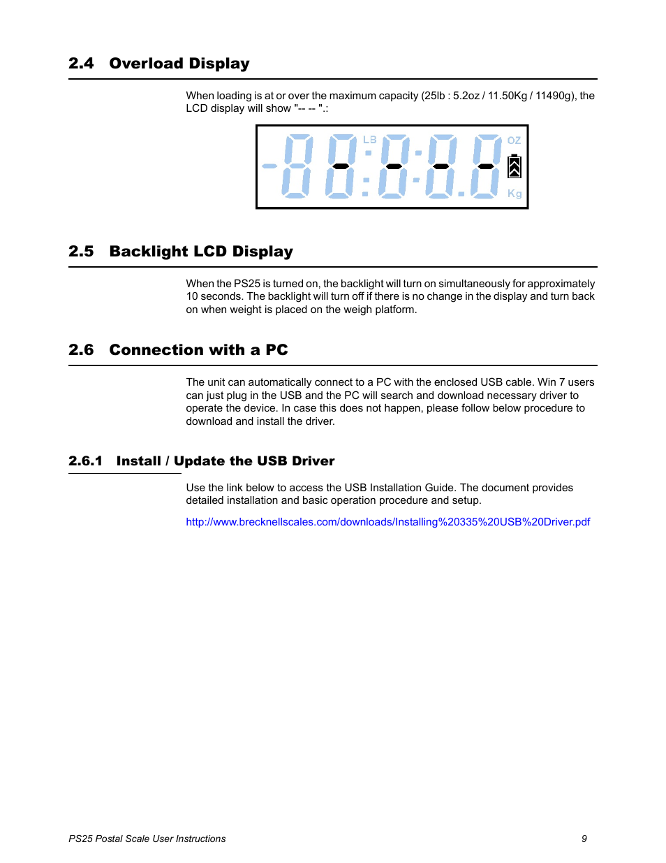 4 overload display, 5 backlight lcd display, 6 connection with a pc | 1 install / update the usb driver, Install / update the usb driver | Salter Brecknell PS25 User Manual | Page 11 / 14