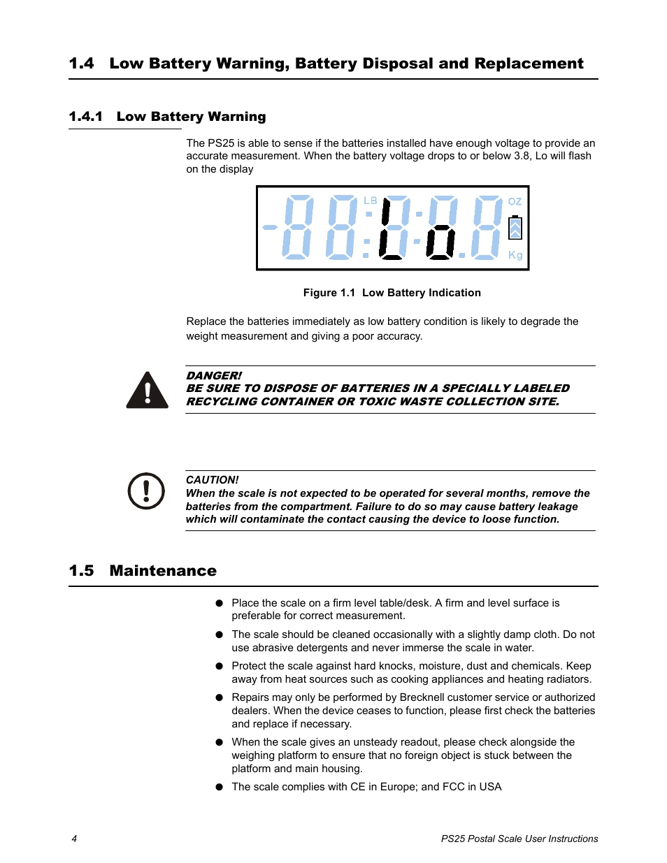 1 low battery warning, 5 maintenance, Low battery warning | Maintenance | Salter Brecknell PS25 User Manual | Page 6 / 14