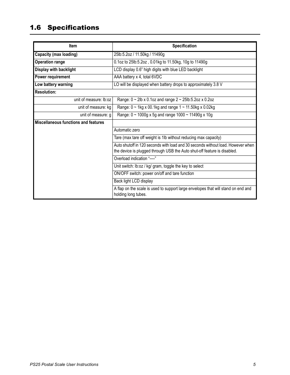 6 specifications, Specifications | Salter Brecknell PS25 User Manual | Page 7 / 14