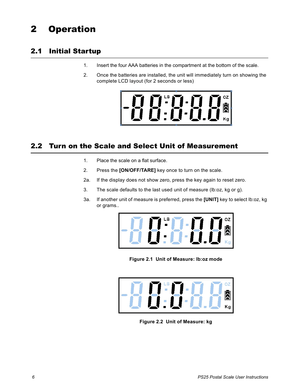 2 operation, 1 initial startup, 2 turn on the scale and select unit of measurement | Chapter 2 operation | Salter Brecknell PS25 User Manual | Page 8 / 14