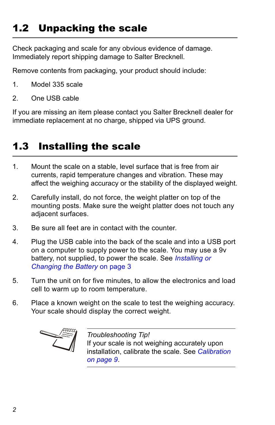 2 unpacking the scale, 3 installing the scale | Salter Brecknell 335 User Manual | Page 2 / 12