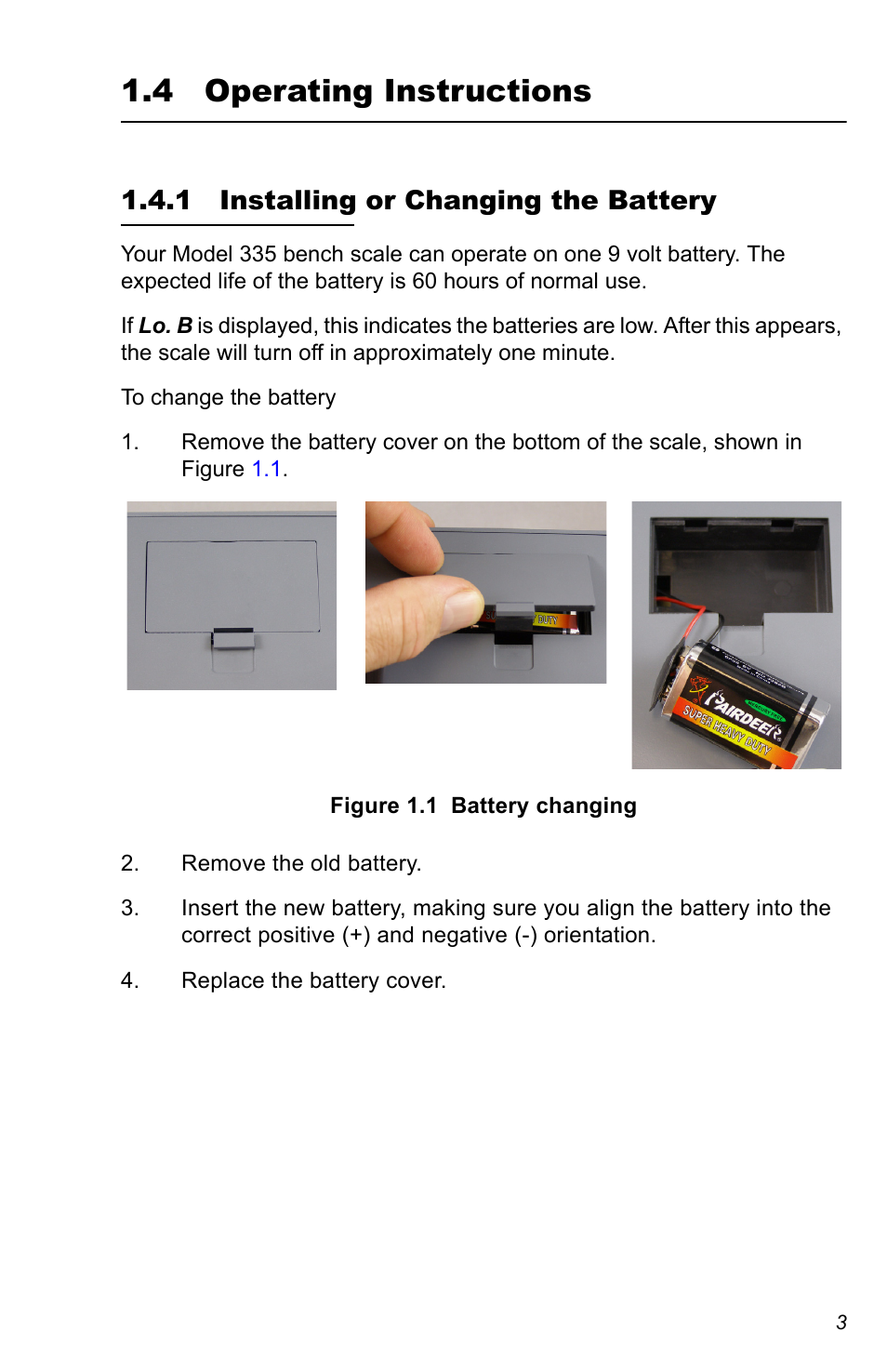 4 operating instructions, 1 installing or changing the battery, Installing or | Salter Brecknell 335 User Manual | Page 3 / 12