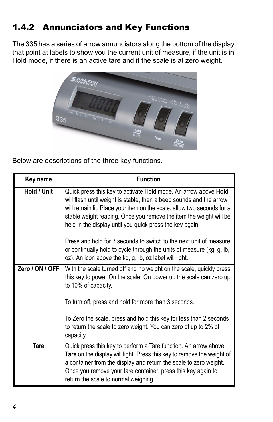 2 annunciators and key functions | Salter Brecknell 335 User Manual | Page 4 / 12