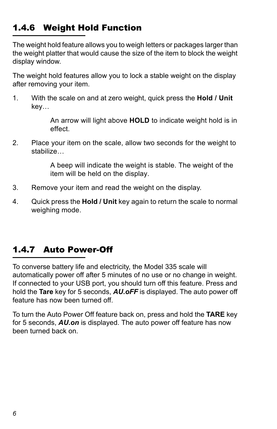 6 weight hold function, 7 auto power-off | Salter Brecknell 335 User Manual | Page 6 / 12