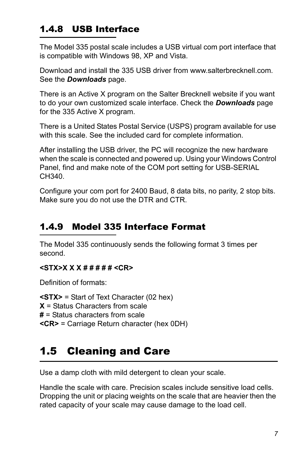 8 usb interface, 9 model 335 interface format, 5 cleaning and care | Salter Brecknell 335 User Manual | Page 7 / 12