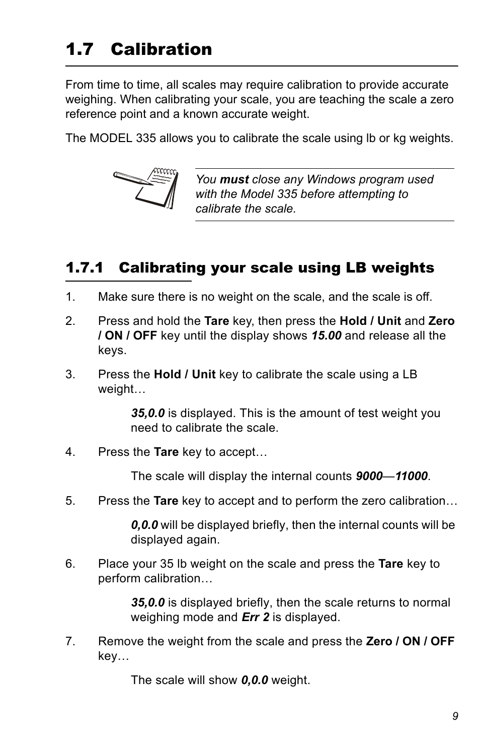 7 calibration, 1 calibrating your scale using lb weights, Calibration | Salter Brecknell 335 User Manual | Page 9 / 12