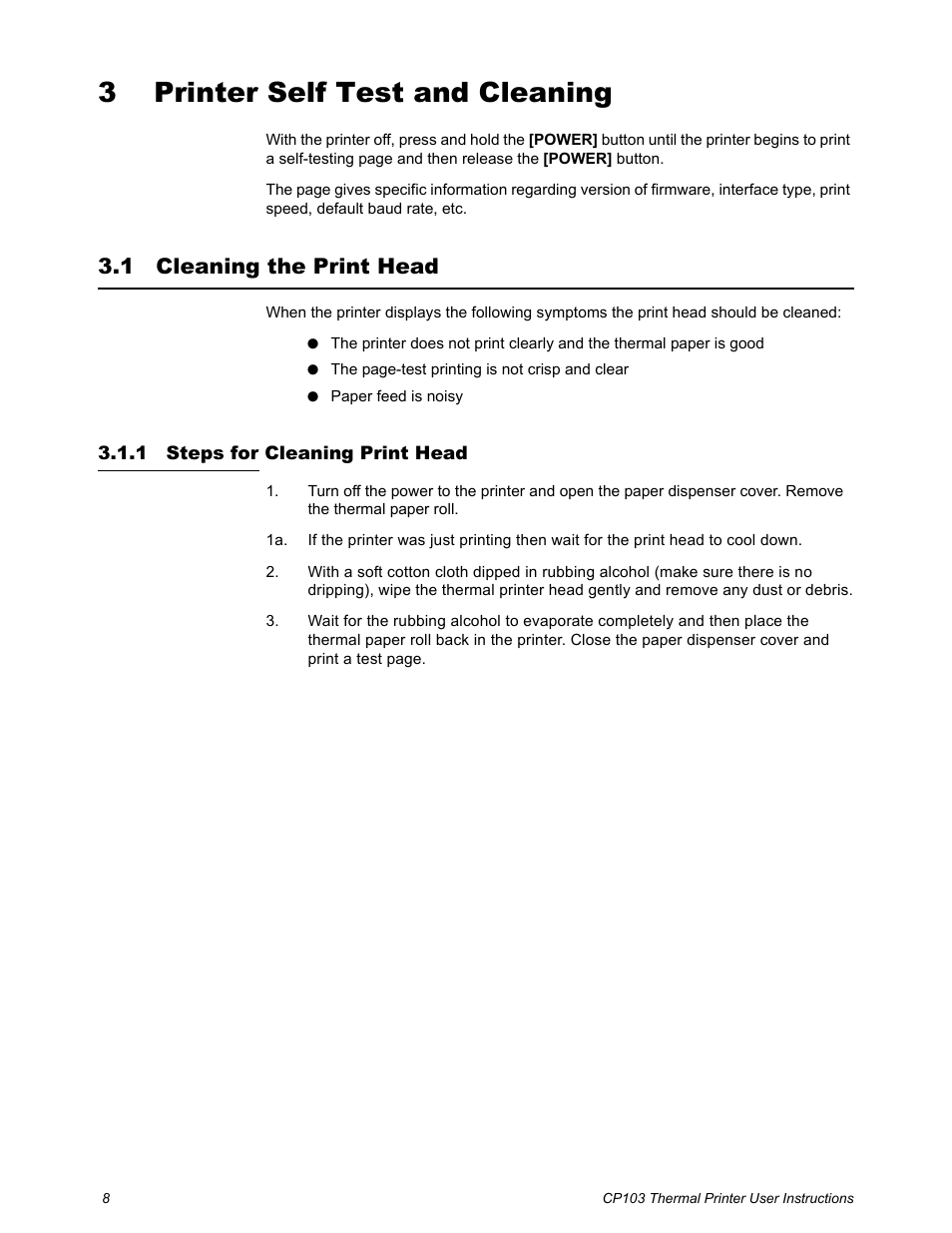 3 printer self test and cleaning, 1 cleaning the print head, 1 steps for cleaning print head | Chapter 3 printer self test and cleaning, Cleaning the print head, Steps for cleaning print head | Salter Brecknell CP103 User Manual | Page 10 / 27