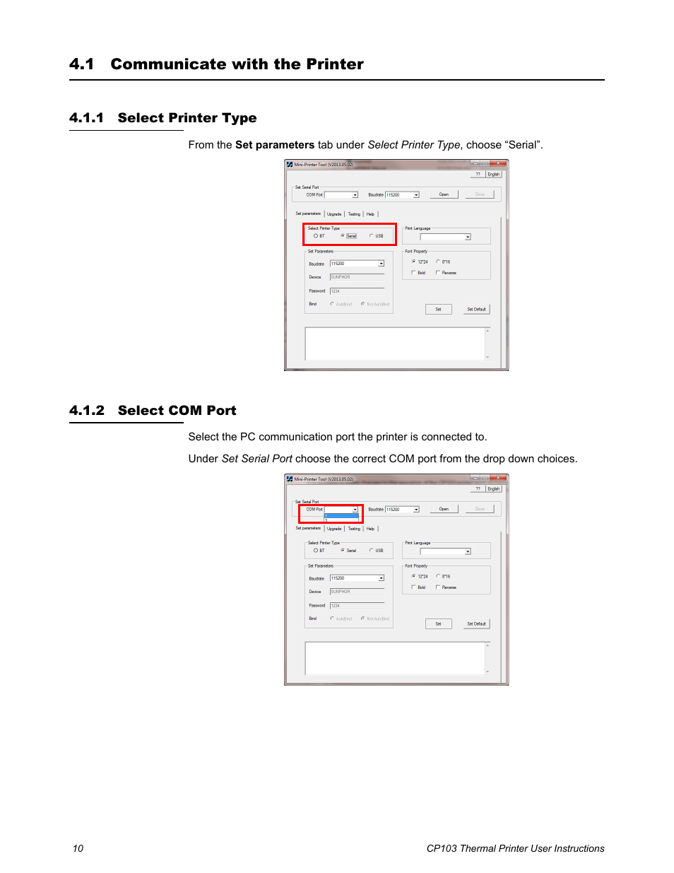 1 communicate with the printer, 1 select printer type, 2 select com port | Communicate with the printer, Select printer type select com port | Salter Brecknell CP103 User Manual | Page 12 / 27