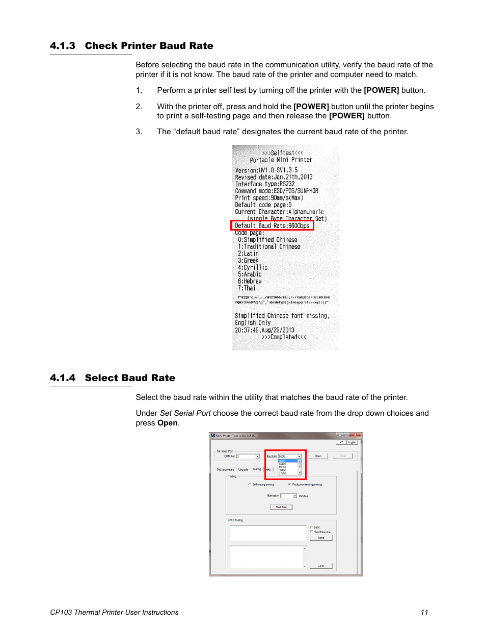 3 check printer baud rate, 4 select baud rate, Check printer baud rate select baud rate | Salter Brecknell CP103 User Manual | Page 13 / 27