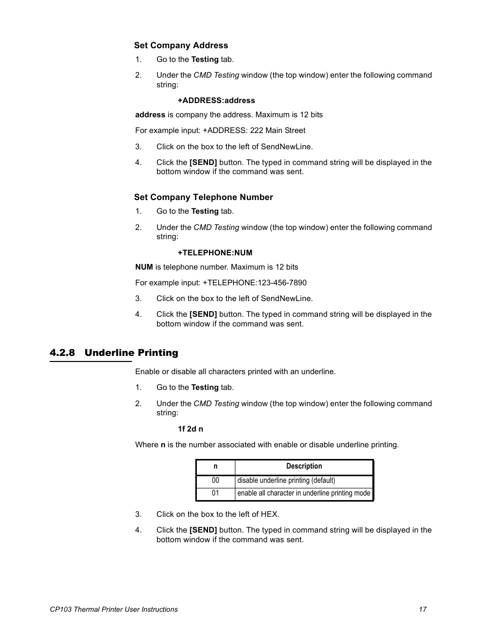 8 underline printing, Underline printing | Salter Brecknell CP103 User Manual | Page 19 / 27